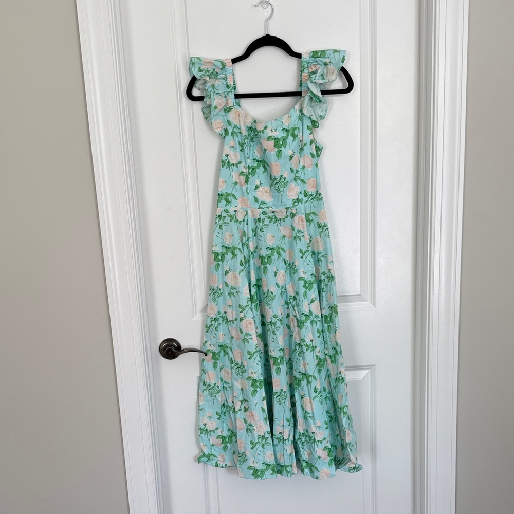 Hill House Floral Ruffle Dress - Green and Pink